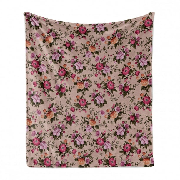 Flannel Throw 60'' X 50'' Rose Flower Fleece Blanket Soft Comfy Pompom Fringe Blanket Throws for Outdoor and Indoor 